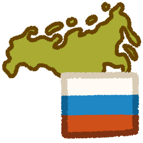 a green shape of the country of Russia, with the russian flag.